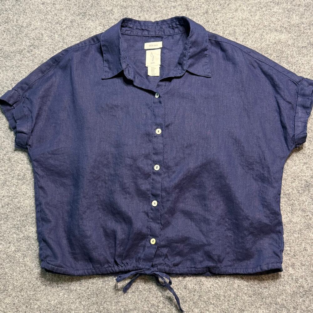 Joie‎ 100% Linen Cropped Button Down Shirt Navy Drawstring Hem Size Medium